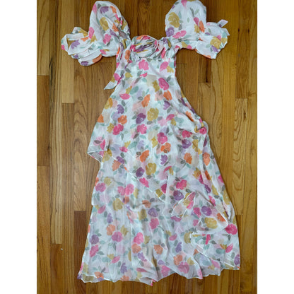 For Love & Lemons Petal Midi Dress Floral Size XXS Short Sleeve Asymmetrical