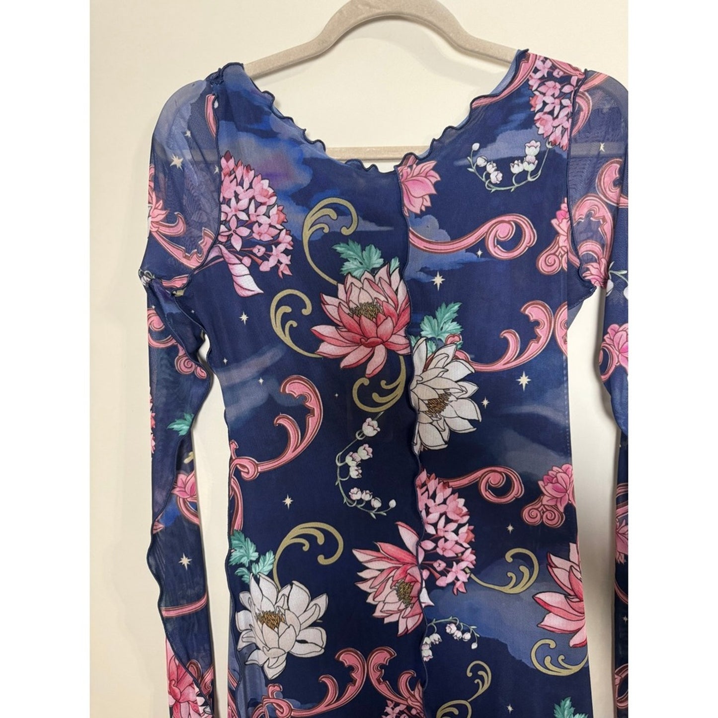 Agua Bendita Hadley Fairytales Mesh Mini Dress Navy Floral Long Sleeve L