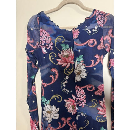 Agua Bendita Hadley Fairytales Mesh Mini Dress Navy Floral Long Sleeve L