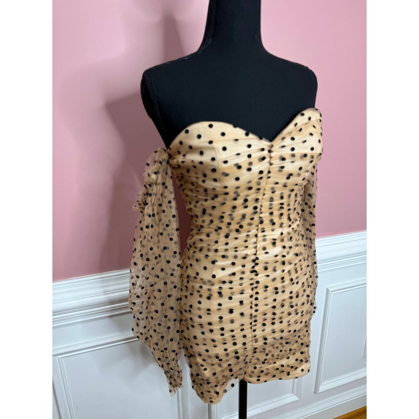 Majorelle Secrets Dress in Dark Nude Polka Dots Size XS Sheer Long Sleeve Lined
