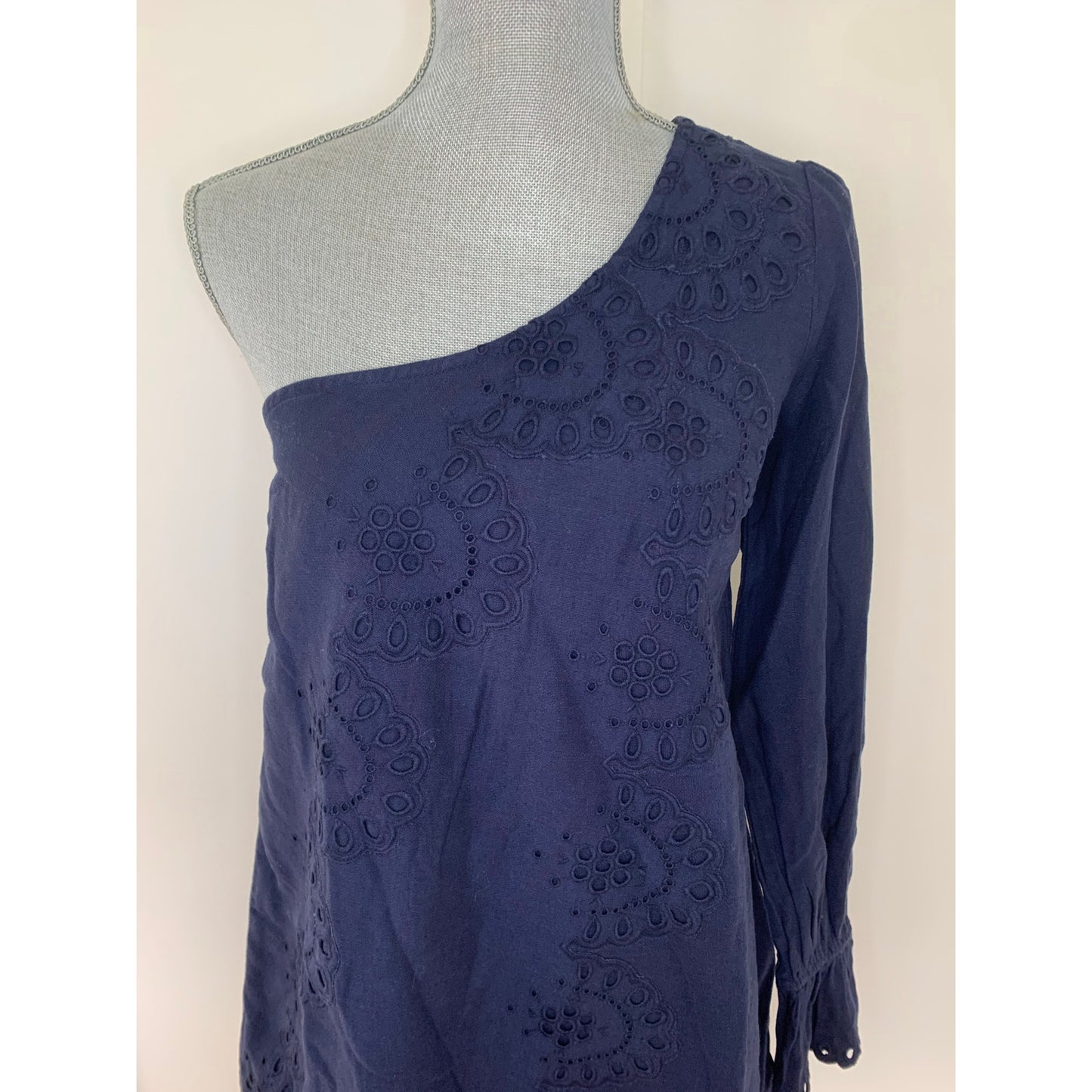 Hill House The Mila Mini Dress in Navy Blue Small One Shoulder Eyelet Linen