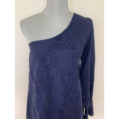 Hill House The Mila Mini Dress in Navy Blue Small One Shoulder Eyelet Linen
