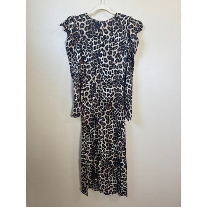 Farm Rio Leopard Print Puff Shoulder V-Neck Midi Dress Long Sleeve Animal Print