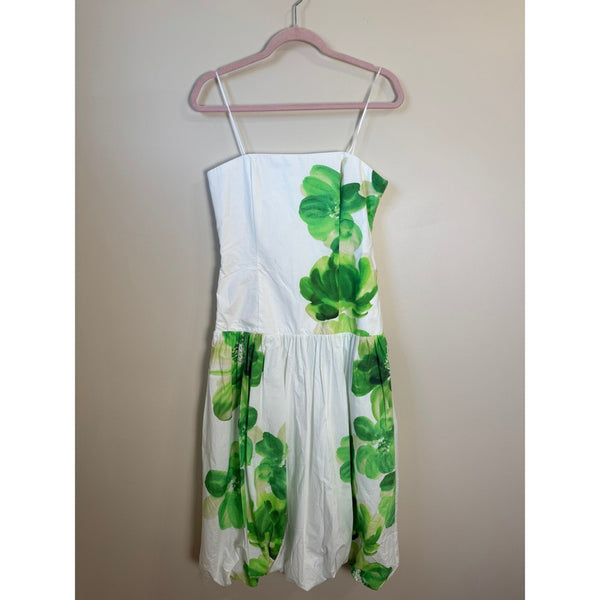 Amanda Uprichard Floral Print Bubble Hem Midi Dress Strapless Green White M