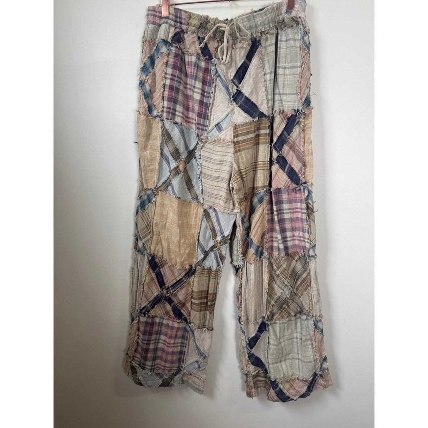 Jaded Gypsy Patchwork Plaid Pants Wide Leg Distressed Drawstring Boho l/xl
