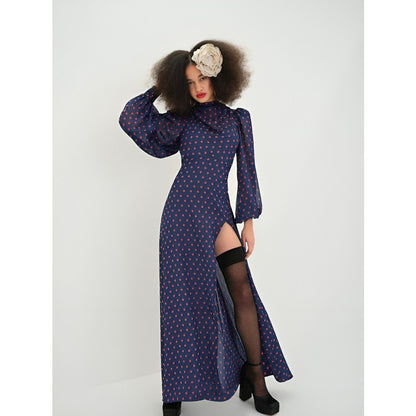 For Love & Lemons Mavis Maxi Dress Purple Polka Dots Large Long Sleeve Backless