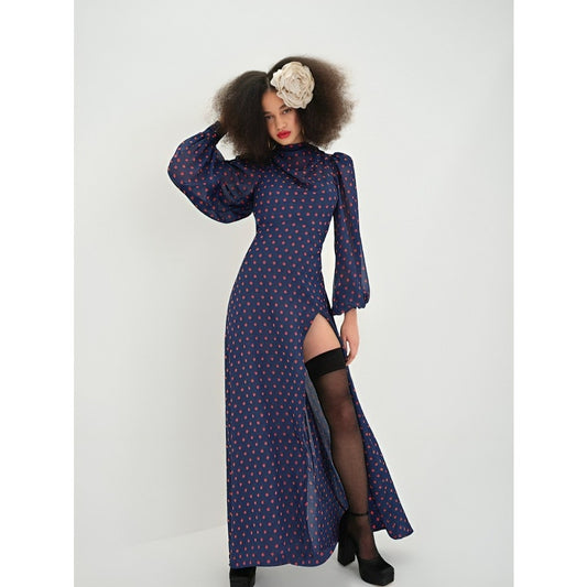 For Love & Lemons Mavis Maxi Dress Purple Polka Dots Large Long Sleeve Backless
