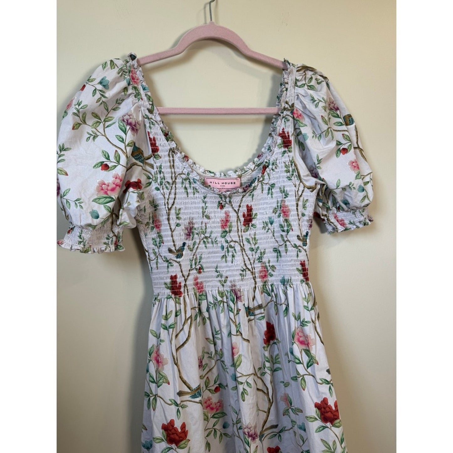 Hill House Home x Diane Hill Anjuli Nap Dress Floral Bird Smocked Midi Medium