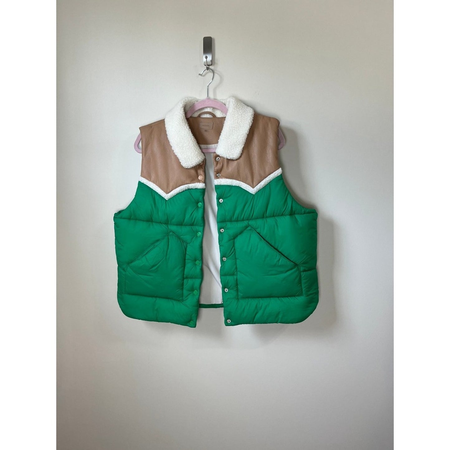 MOTHER The Ol West Puffer Vest Bright Green Tan Sherpa Collar XL