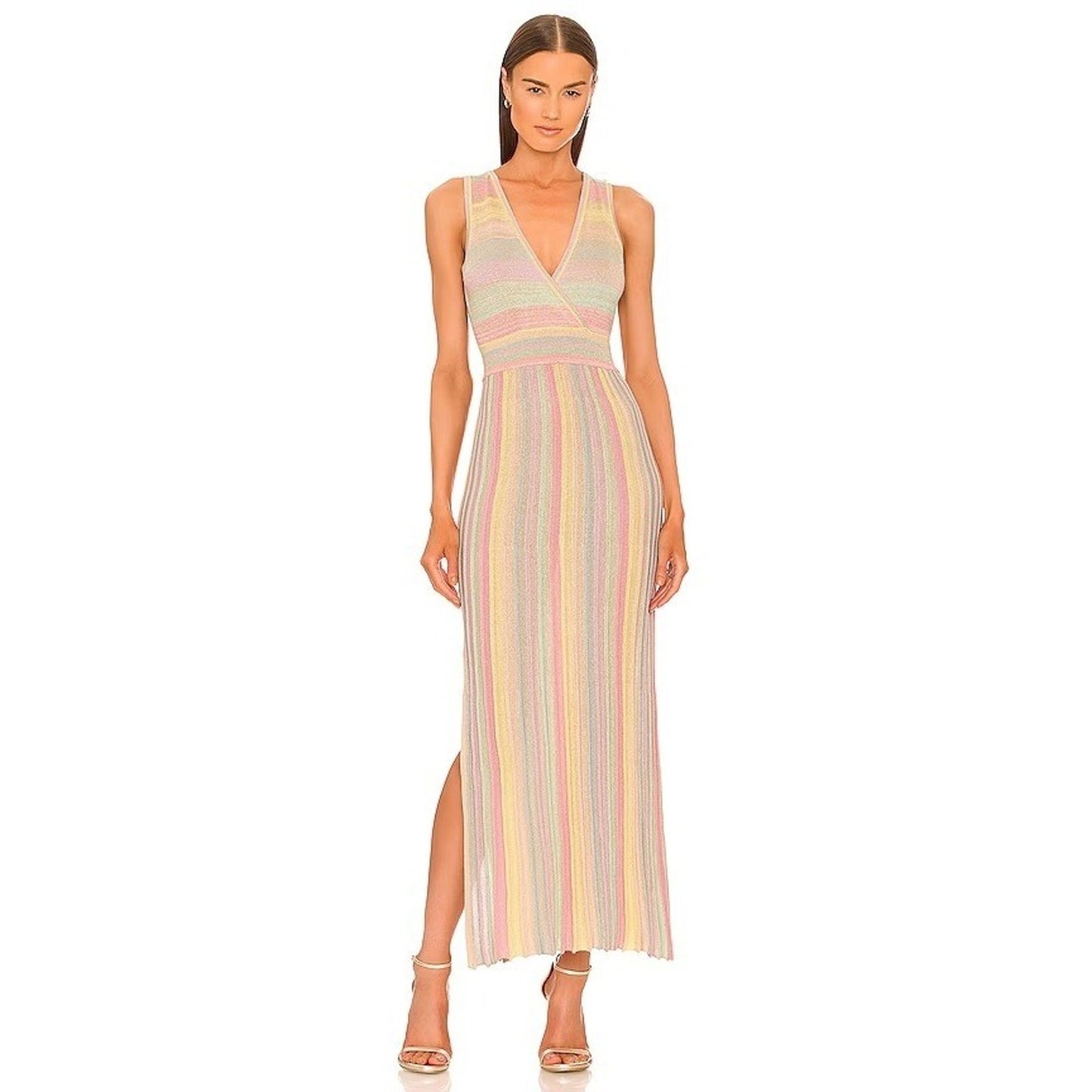 LoveShackFancy Mylene Ribbed Knit Maxi Dress Pastel Sunrise Metallic Size LG
