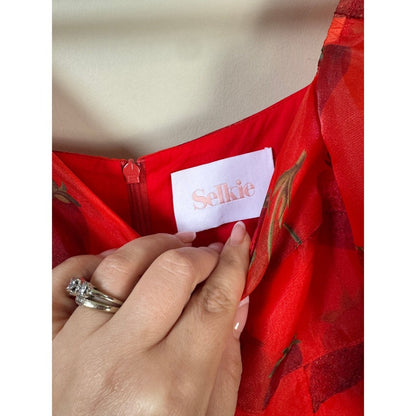 Selkie Red Strawberry Ritz Dress Womens Small Puff Sleeve Organza Mini Skater
