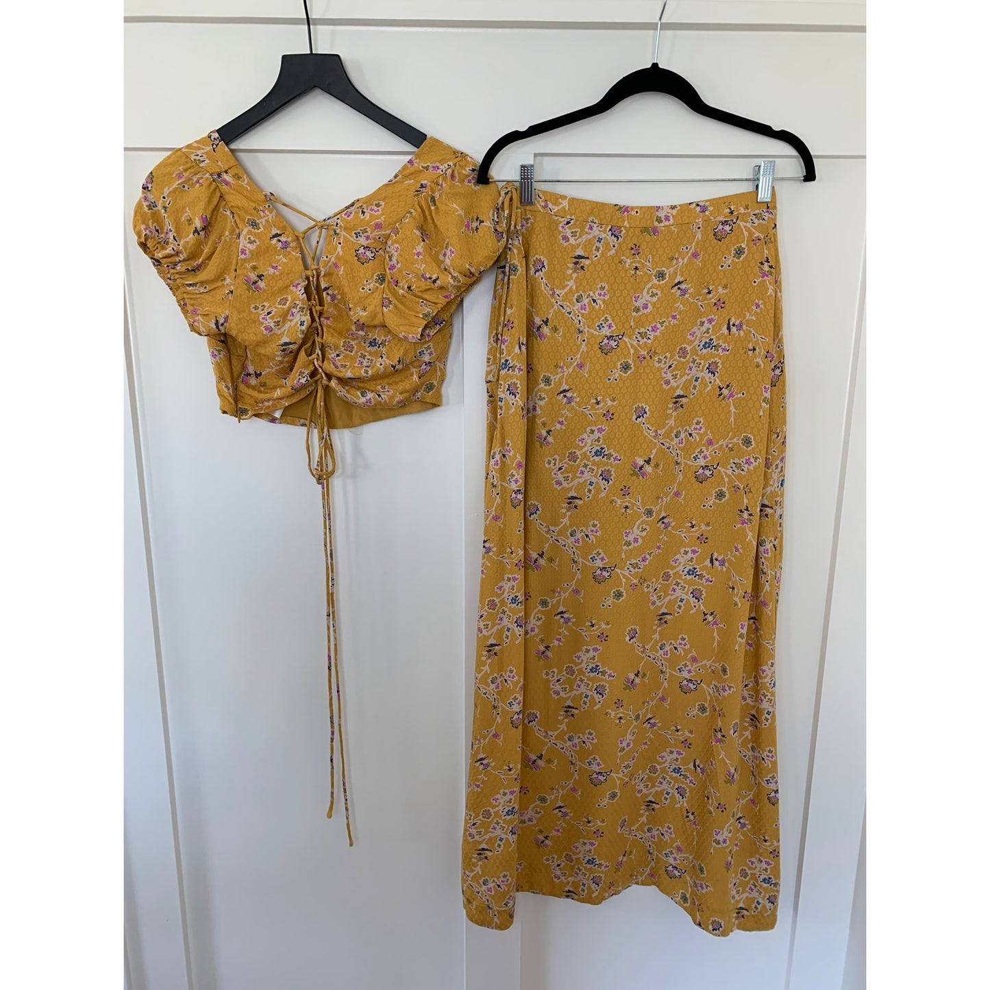 Free People Talia Two Piece Set in Turmeric Small Skirt Top Floral Drawstring