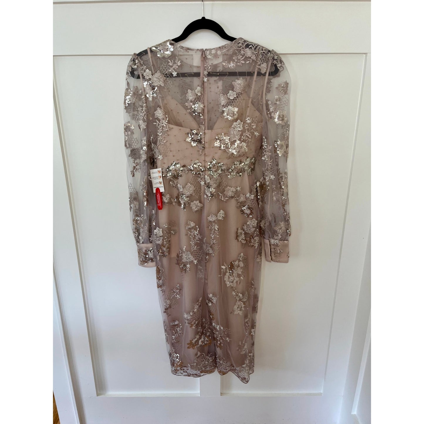 NEW NWT Mac Duggal 70237 Beige Embellished High Neck Illusion Long Sleeve Midi Dress Mocha Size 4