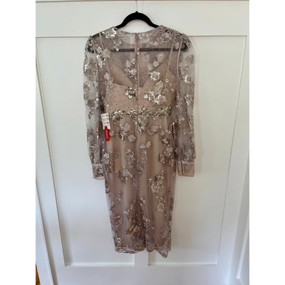 NEW NWT Mac Duggal 70237 Beige Embellished High Neck Illusion Long Sleeve Midi Dress Mocha Size 4