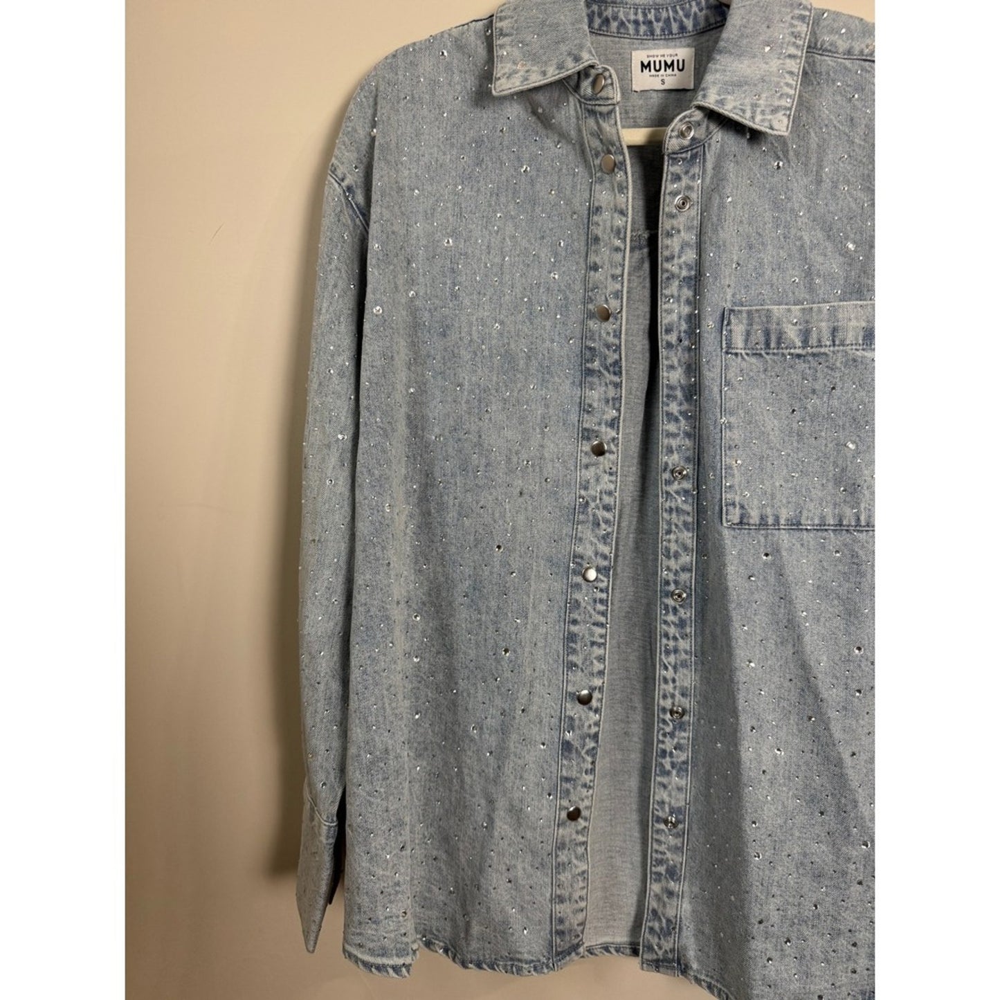 Show Me Your Mumu Rhinestone Denim Shirt Light Wash Crystal Shacket Womens Small
