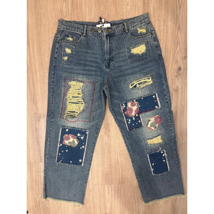 Jaded Gypsy Distressed Patchwork Boyfriend Jeans Medium Wash Boho Western NWT
