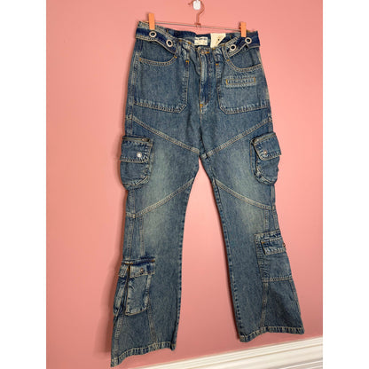 Free People Call Me Crazy Low Rise Flare Cargo Jeans Blue Size 30 Denim Pockets