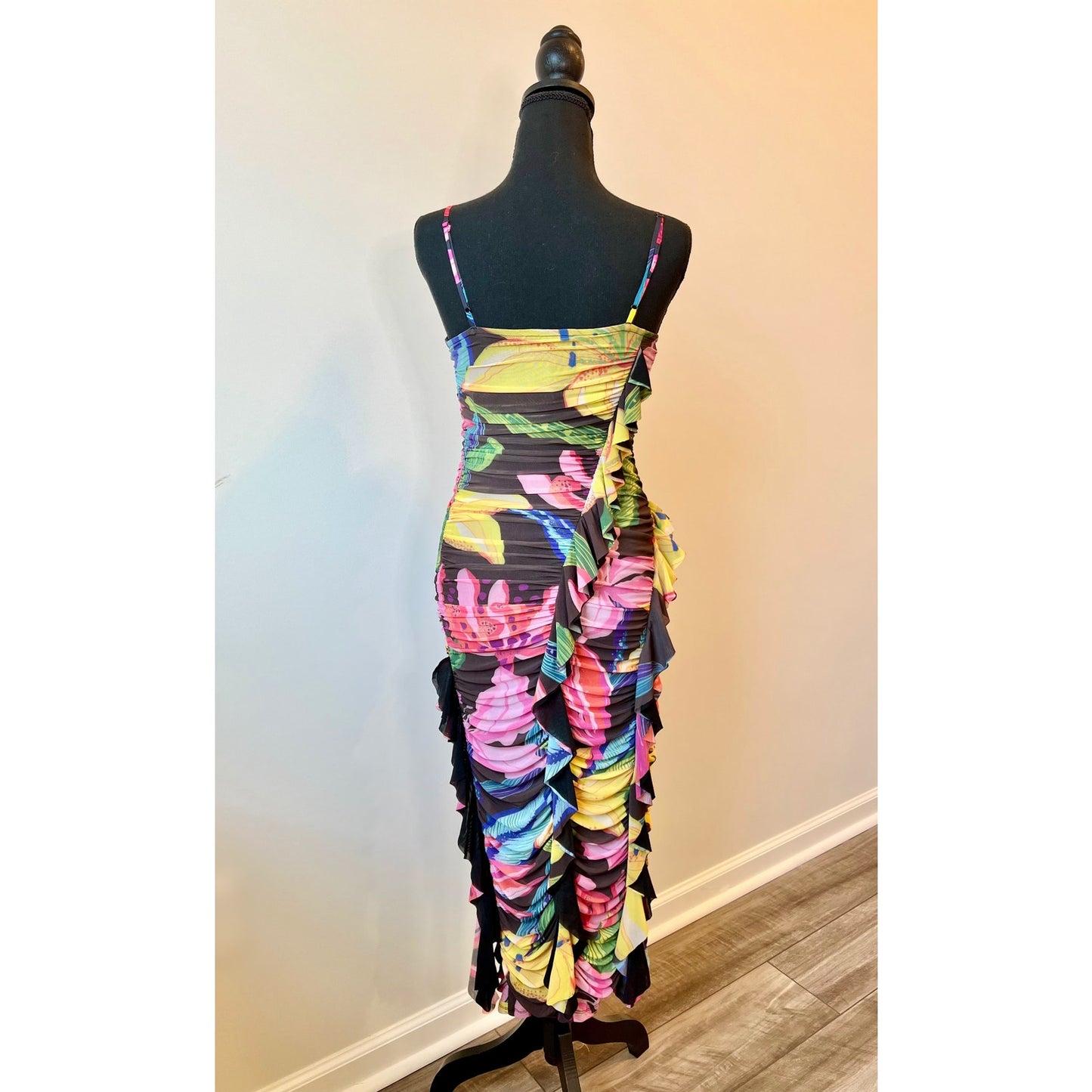 Rococo Sand Chris Midi Dress in Black Small Floral Ruffle Ruched Stretch Lined
