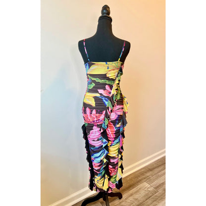 Rococo Sand Chris Midi Dress in Black Small Floral Ruffle Ruched Stretch Lined