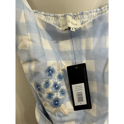 Sachin & Babi Bryce Blue Gingham Floral Embroidered Belted Midi Dress Size 8 NEW