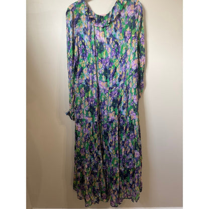 Anthropologie Tiered Floral Maxi Dress Purple Green Boho  V-Neck Long Sleeve