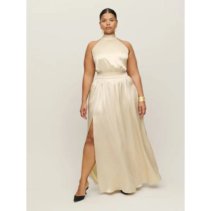 NEW NWT Reformation Alani SIlk High Neck Dress Ivory Size 24