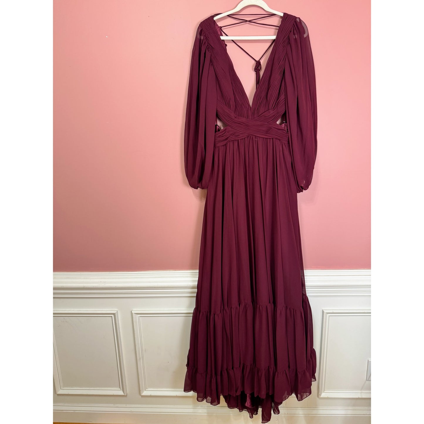 NEW NWT Mac Duggal Pleated Cut Out Long Sleeve Lace Up Tiered Gown STYLE 67948 Size 16 Plum