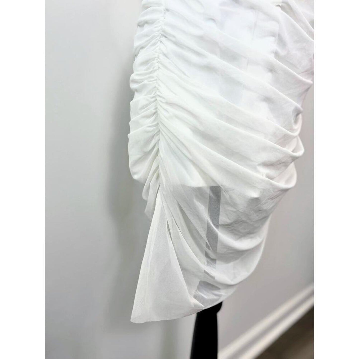 Majorelle‎ Ursula Mini Dress in White Medium Asymmetrical Strapless Ruched Mesh