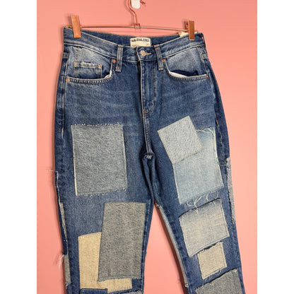 Free People Bare With Me Jeans Size 25 Denim Mid-Rise Straight Leg Patchwork