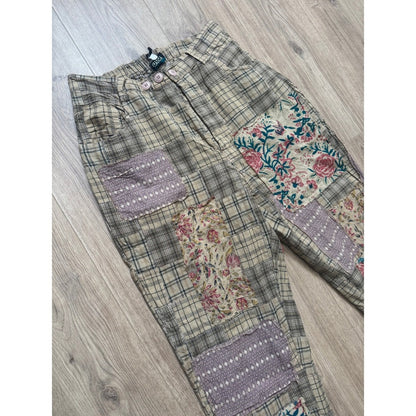Jaded Gypsy Womens Boho Patchwork Plaid Floral Eyelet Pants Elastic Waist New