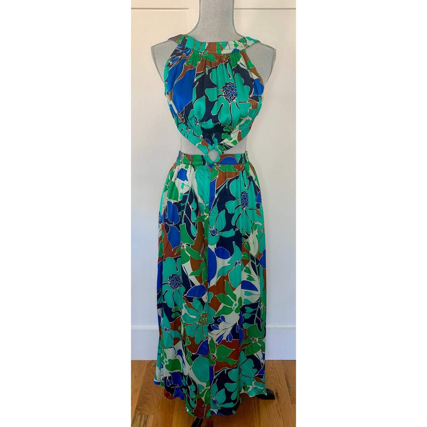 Cult Gaia Theia Dress in Botanic Aqua Silk Voile Sz XL Floral Sleeveless Cutout