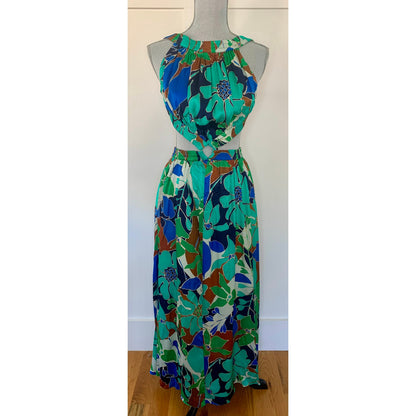 Cult Gaia Theia Dress in Botanic Aqua Silk Voile Sz XL Floral Sleeveless Cutout