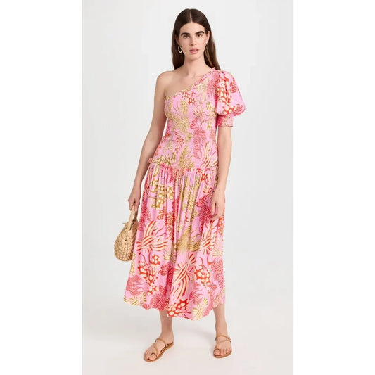 Farm Rio Mixed Lobsters Pink Midi Dress Medium One Shoulder Printed Pullover