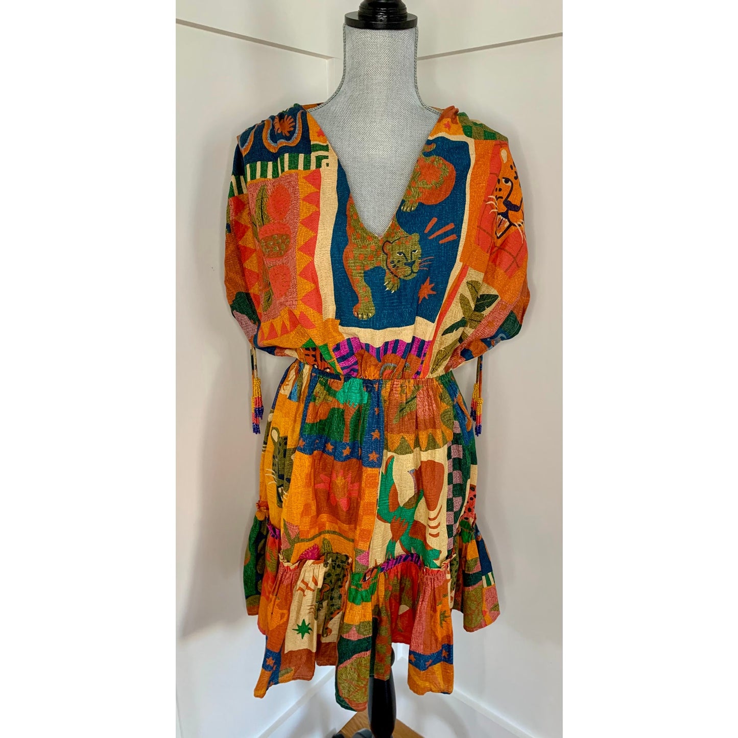 Farm Rio Anthropologie Jungle Printed Cover-Up Mini Dress Small V-Neck Cotton