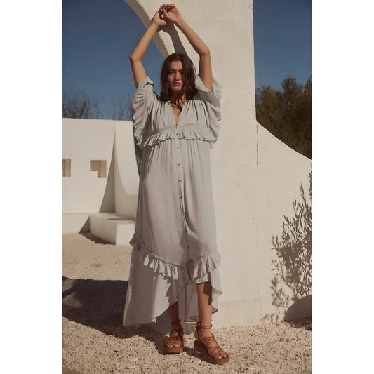 Free People Paradiso Maxi Dress in Pebbles Size XS Short Sleeve Button Front