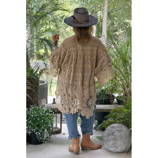 Jaded Gypsy Crochet Lace Kimono Cardigan Beige Boho Front Tie Bell Sleeve O/S
