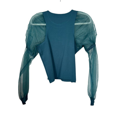Maeve Anthropologie Teal Sheer Tulle Puff Sleeve Knit Top Crew Neck XS New