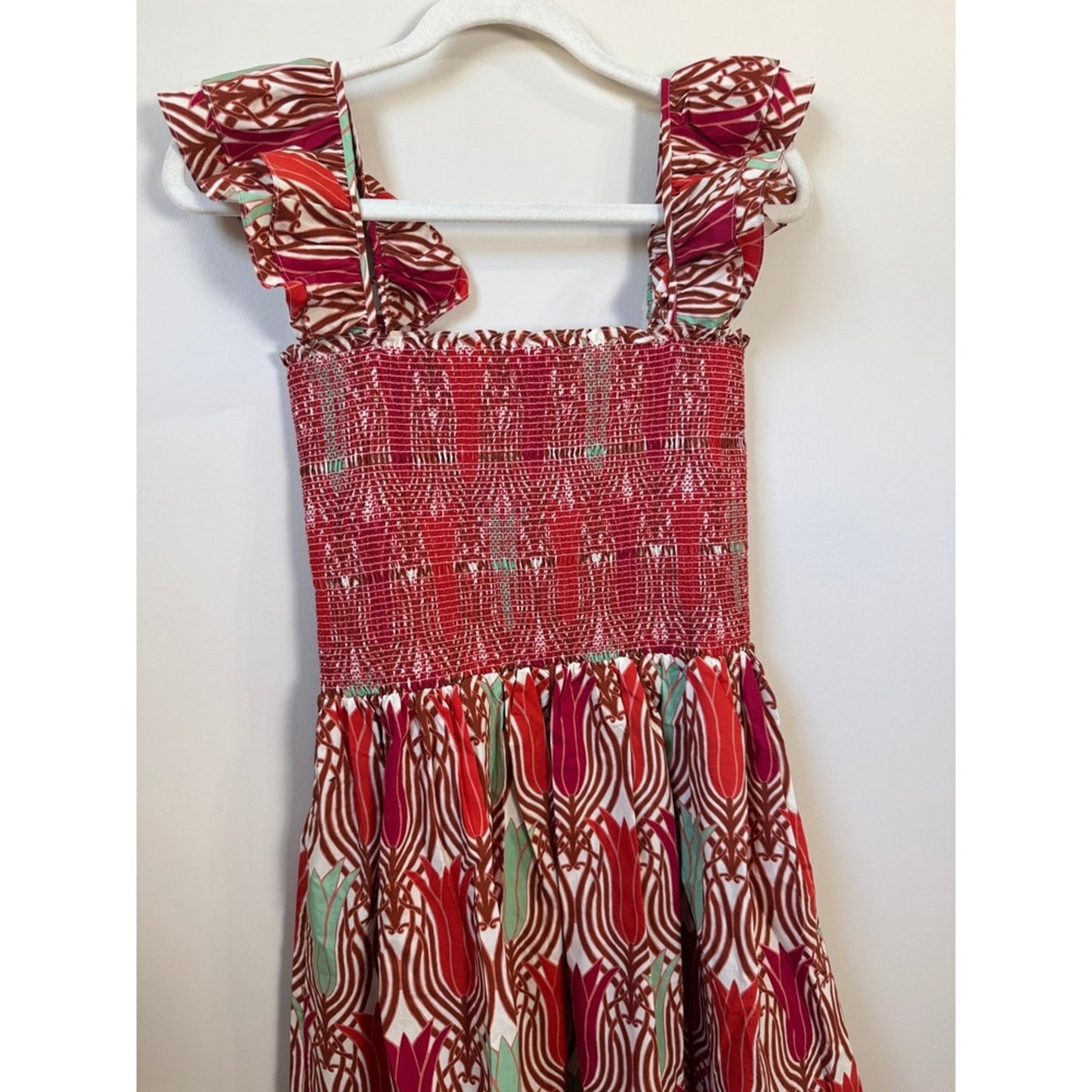 Cara Cara Smocked Midi Dress Red Tulip Print Ruffle Strap Tiered NWT
