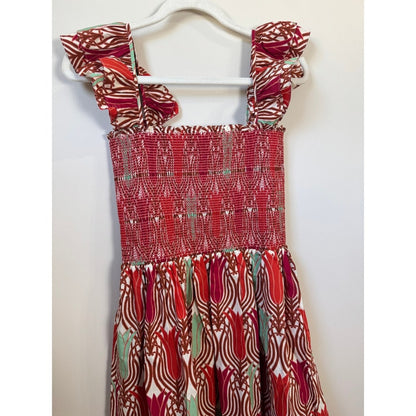 Cara Cara Smocked Midi Dress Red Tulip Print Ruffle Strap Tiered NWT