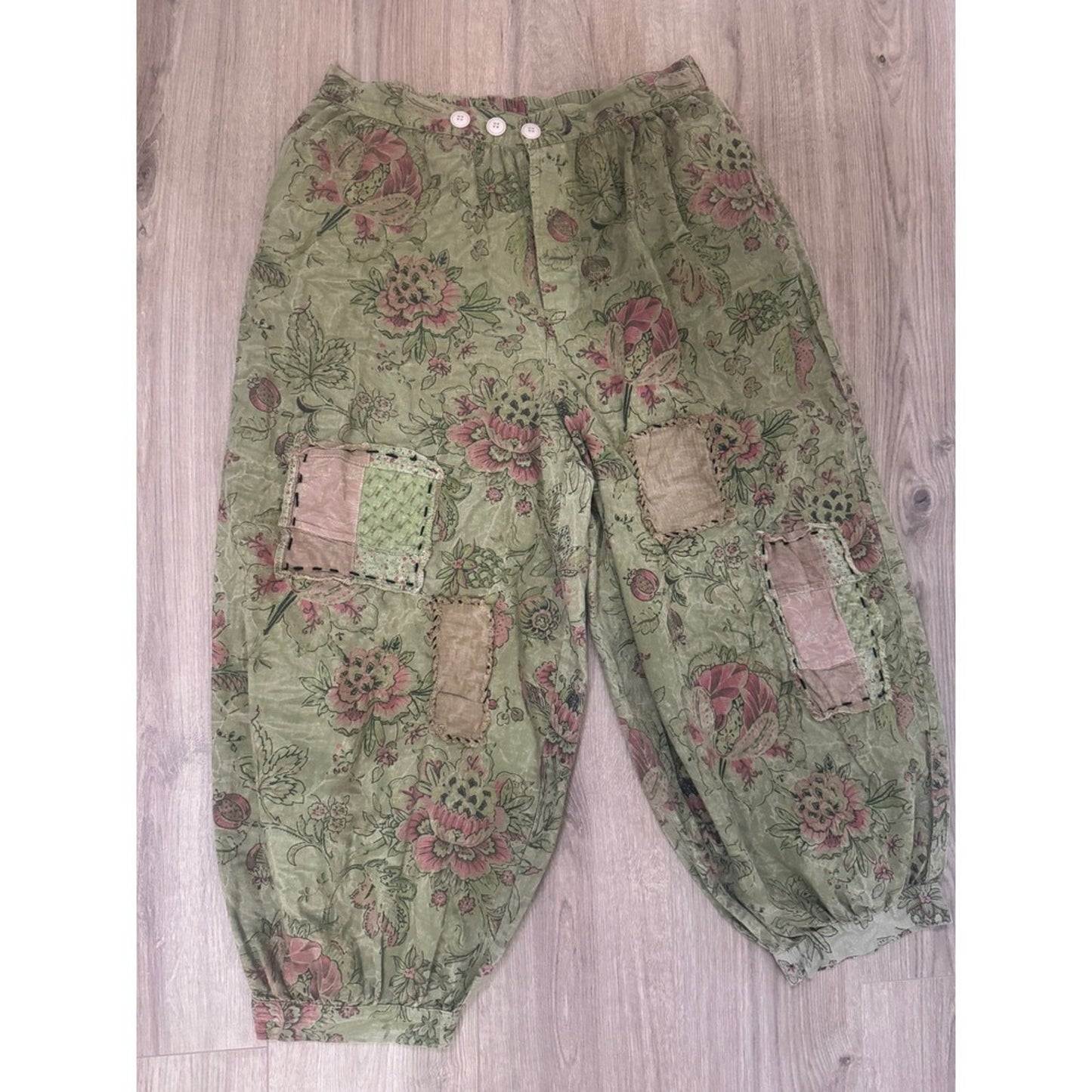 Jaded Gypsy Floral Patchwork Harem Pants Green Pink Boho Lagenlook Balloon