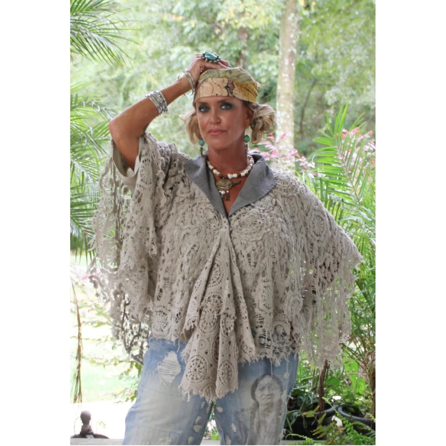 Jaded Gypsy Laced in Love Boho Crochet Poncho Gray Shawl Wrap Kimono Layering