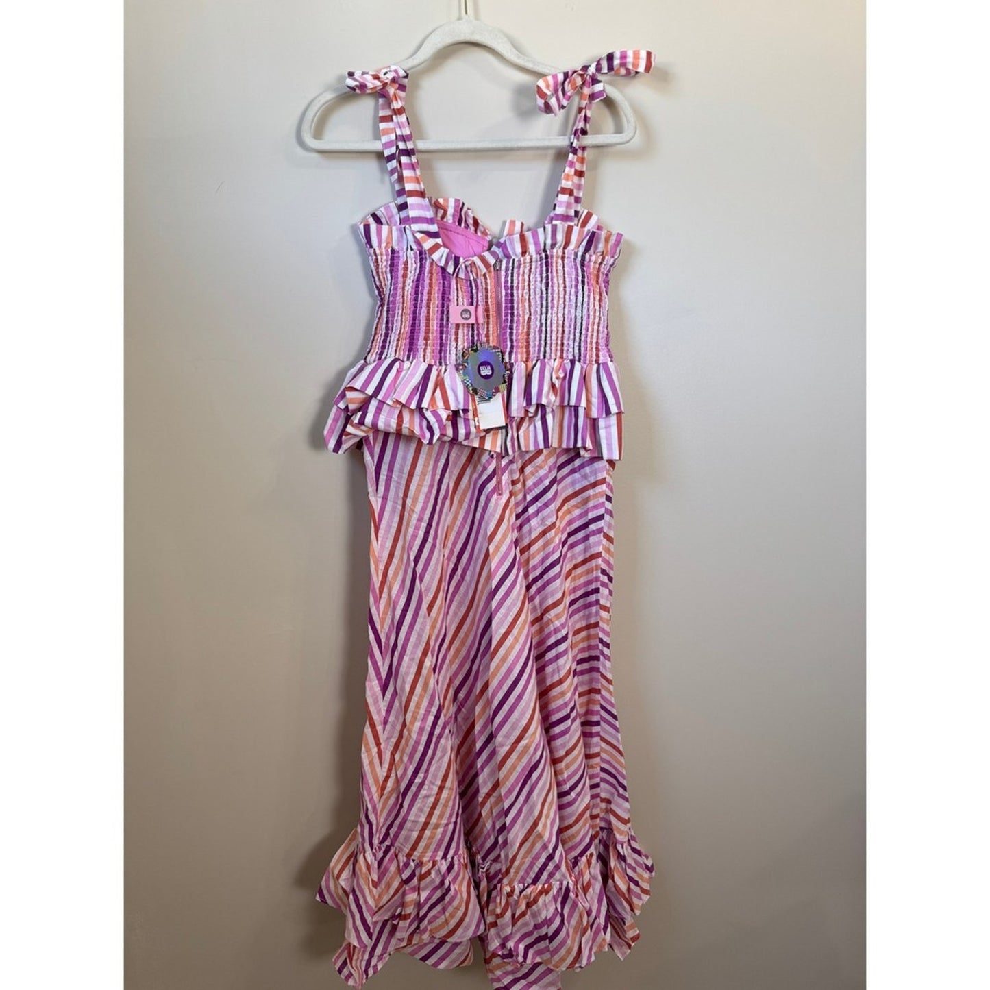 CeliaB Striped Maxi Dress Pink Orange Smocked Bodice Ruffle Hem Tie Shoulder NEW