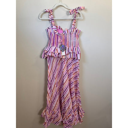 CeliaB Striped Maxi Dress Pink Orange Smocked Bodice Ruffle Hem Tie Shoulder NEW