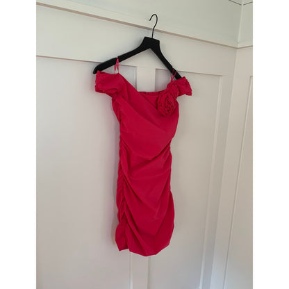 Zara Mini Dress in Hot Pink Medium Off Shoulder Rose Detail Lined Party Cocktail