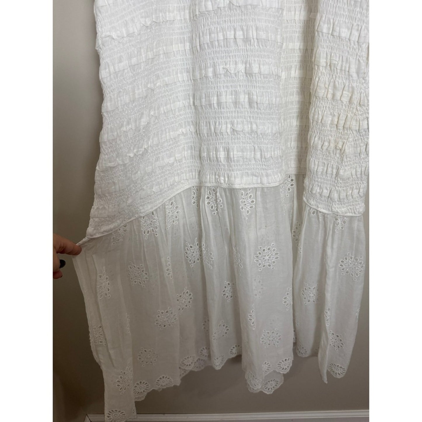 SEA NY White Eyelet Puff Sleeve Smocked Midi Dress