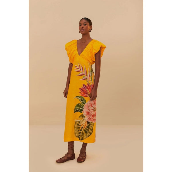 FARM Rio Yellow Floral Maxi Dress With Ruffle Shoulders Size Small