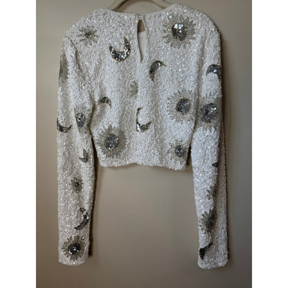 Show Me Your Mumu Sequin Celestial Sun Moon Crop Top White Silver Large Party