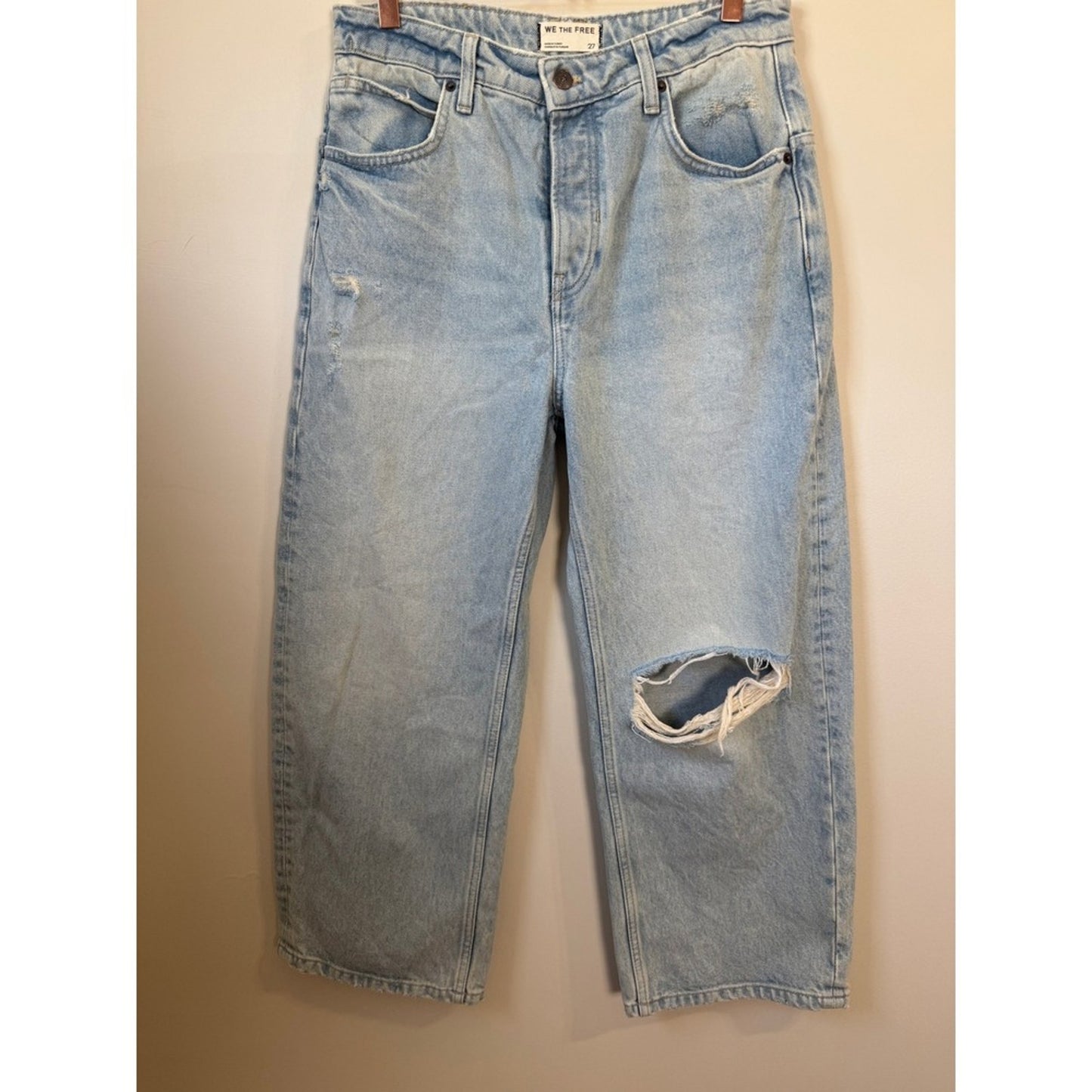 We The Free Free People Old West Slouchy Wide Leg Distressed Jeans Light Wash 27