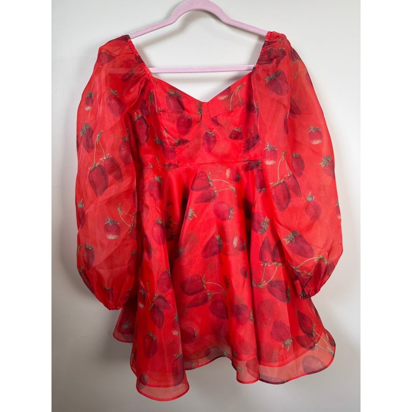 Selkie Red Strawberry Ritz Dress Womens Small Puff Sleeve Organza Mini Skater