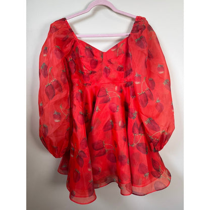 Selkie Red Strawberry Ritz Dress Womens Small Puff Sleeve Organza Mini Skater